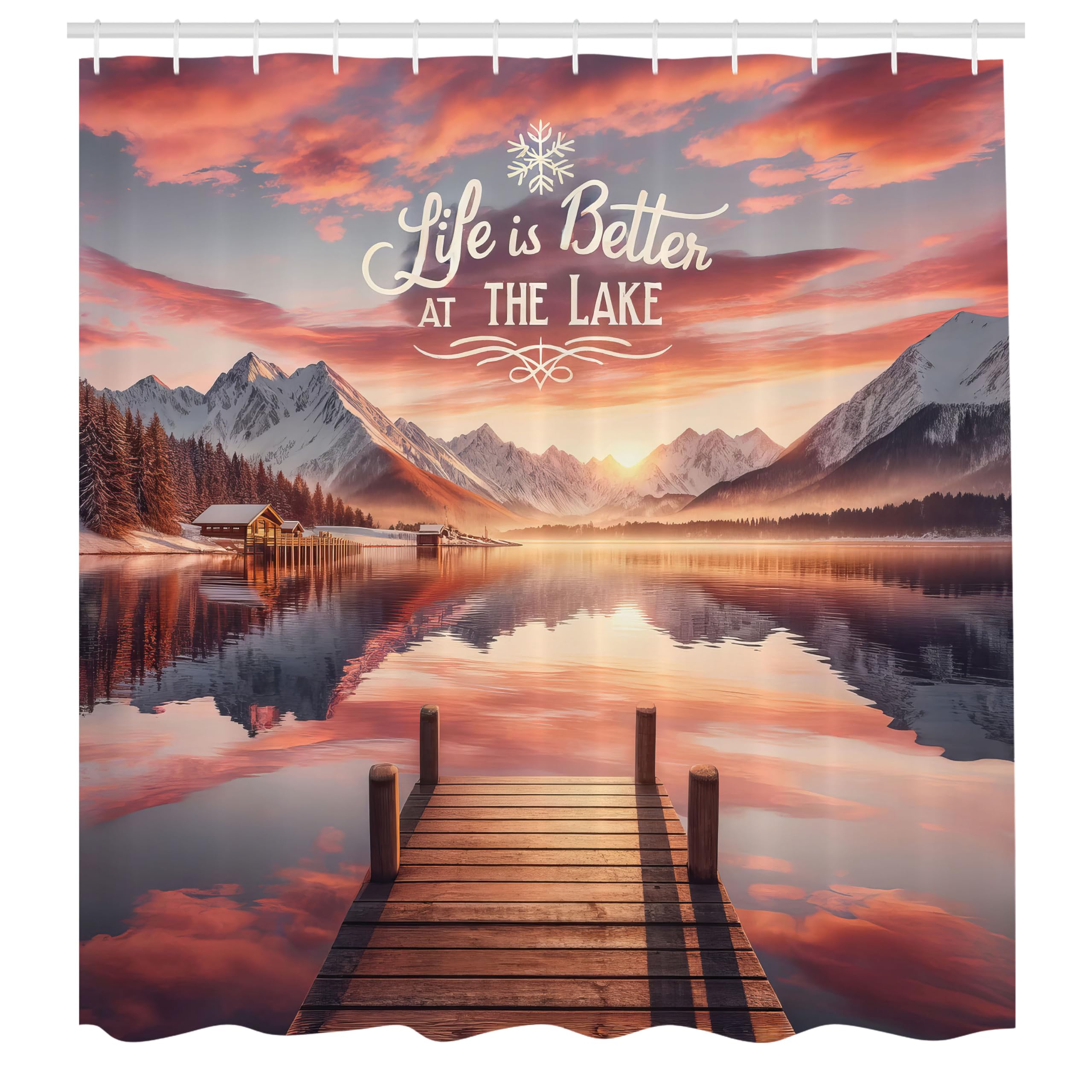 Ambesonne Lake Shower Curtain, Mesmerizing Sunset Scenery Mountains Cloud Reflections Life Is Better Saying, Cloth Fabric Bathro